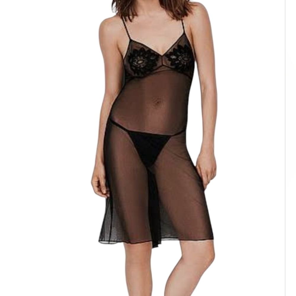 VS Sheer Mesh Sexy Chemise Lingerie With Embellishments